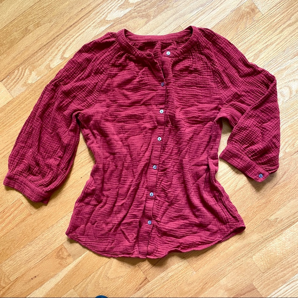 Rust Solid Red Cotton Gauze Button Up Peasant Boh… - image 1